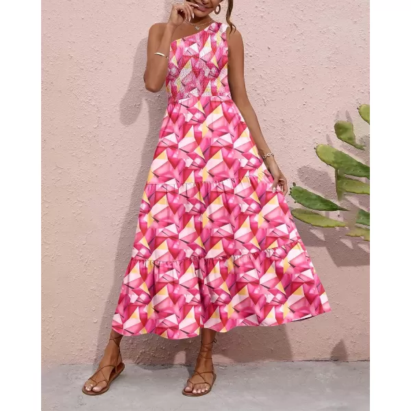 imageBTFBM Women One Shoulder Sleeveless Casual Summer Dresses 2023 Smocked High Waist Floral Flowy Beach Boho Maxi DressGeometry Red