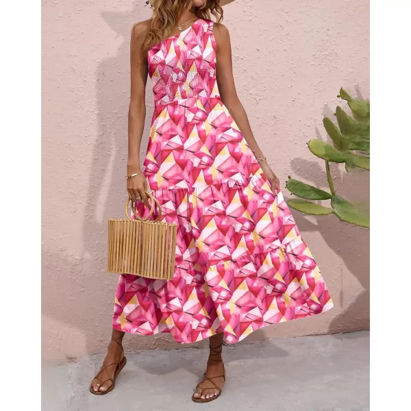 imageBTFBM Women One Shoulder Sleeveless Casual Summer Dresses 2023 Smocked High Waist Floral Flowy Beach Boho Maxi DressGeometry Red