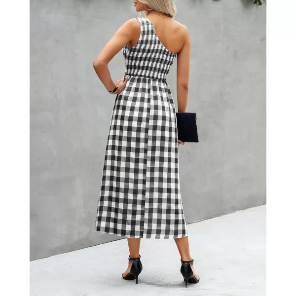 imageBTFBM Women One Shoulder Sleeveless Casual Summer Dresses 2023 Smocked High Waist Floral Flowy Beach Boho Maxi DressPlaid Black