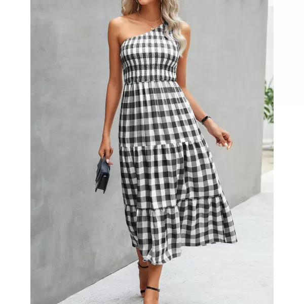 imageBTFBM Women One Shoulder Sleeveless Casual Summer Dresses 2023 Smocked High Waist Floral Flowy Beach Boho Maxi DressPlaid Black
