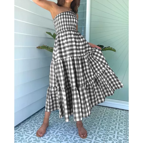 imageBTFBM Women One Shoulder Sleeveless Casual Summer Dresses 2023 Smocked High Waist Floral Flowy Beach Boho Maxi DressPlaid Black