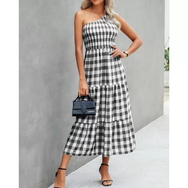 imageBTFBM Women One Shoulder Sleeveless Casual Summer Dresses 2023 Smocked High Waist Floral Flowy Beach Boho Maxi DressPlaid Black