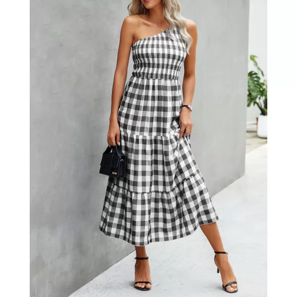 imageBTFBM Women One Shoulder Sleeveless Casual Summer Dresses 2023 Smocked High Waist Floral Flowy Beach Boho Maxi DressPlaid Black
