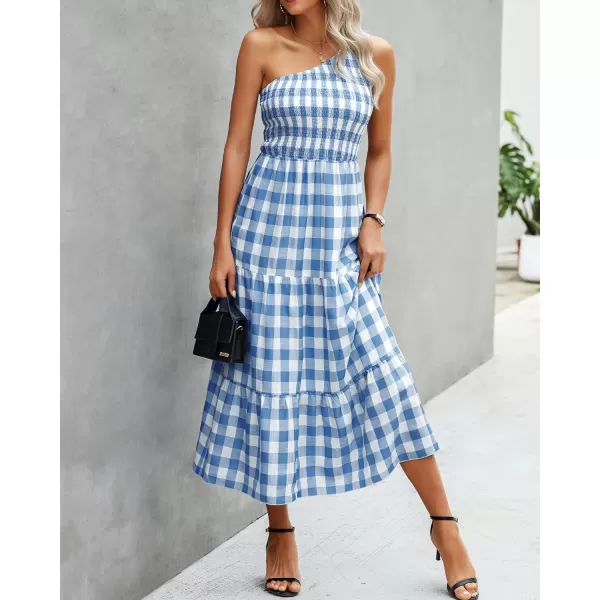 imageBTFBM Women One Shoulder Sleeveless Casual Summer Dresses 2023 Smocked High Waist Floral Flowy Beach Boho Maxi DressPlaid Dark Blue