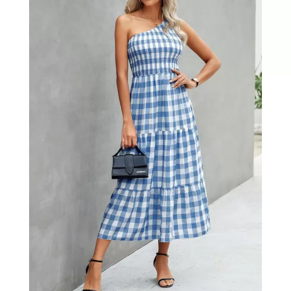 imageBTFBM Women One Shoulder Sleeveless Casual Summer Dresses 2023 Smocked High Waist Floral Flowy Beach Boho Maxi DressPlaid Dark Blue
