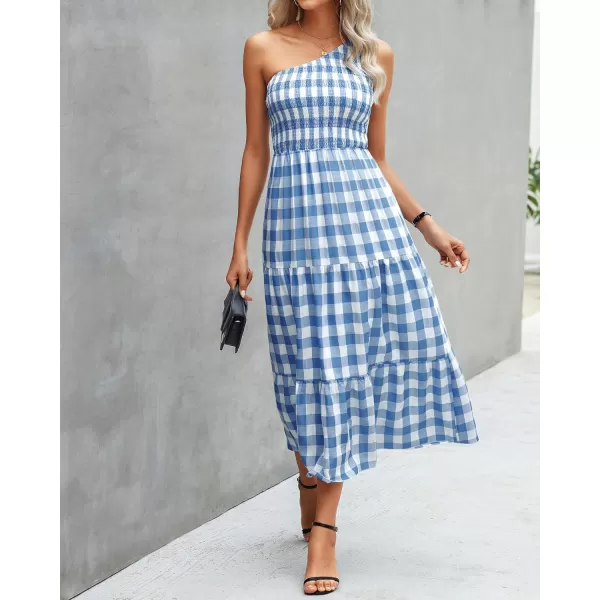 imageBTFBM Women One Shoulder Sleeveless Casual Summer Dresses 2023 Smocked High Waist Floral Flowy Beach Boho Maxi DressPlaid Dark Blue