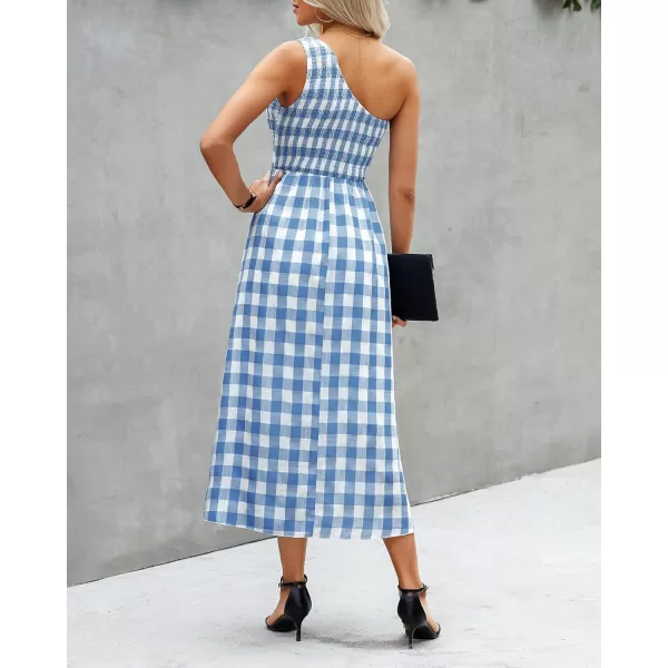 imageBTFBM Women One Shoulder Sleeveless Casual Summer Dresses 2023 Smocked High Waist Floral Flowy Beach Boho Maxi DressPlaid Dark Blue