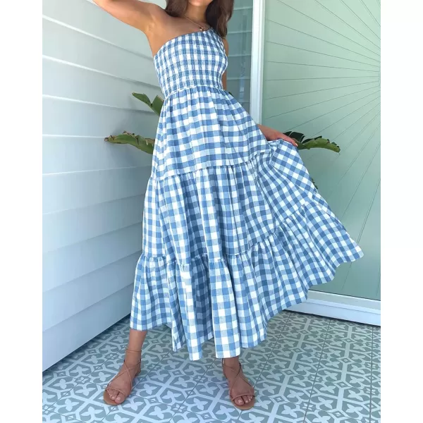 imageBTFBM Women One Shoulder Sleeveless Casual Summer Dresses 2023 Smocked High Waist Floral Flowy Beach Boho Maxi DressPlaid Dark Blue