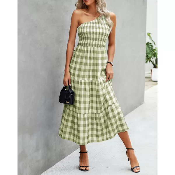 imageBTFBM Women One Shoulder Sleeveless Casual Summer Dresses 2023 Smocked High Waist Floral Flowy Beach Boho Maxi DressPlaid Green