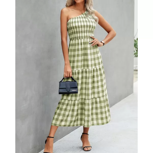 imageBTFBM Women One Shoulder Sleeveless Casual Summer Dresses 2023 Smocked High Waist Floral Flowy Beach Boho Maxi DressPlaid Green