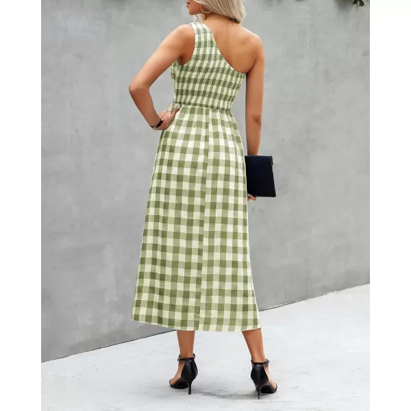 imageBTFBM Women One Shoulder Sleeveless Casual Summer Dresses 2023 Smocked High Waist Floral Flowy Beach Boho Maxi DressPlaid Green