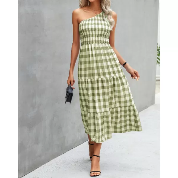 imageBTFBM Women One Shoulder Sleeveless Casual Summer Dresses 2023 Smocked High Waist Floral Flowy Beach Boho Maxi DressPlaid Green