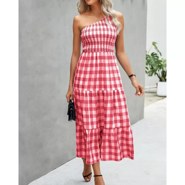 imageBTFBM Women One Shoulder Sleeveless Casual Summer Dresses 2023 Smocked High Waist Floral Flowy Beach Boho Maxi DressPlaid Red