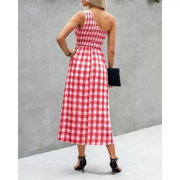 imageBTFBM Women One Shoulder Sleeveless Casual Summer Dresses 2023 Smocked High Waist Floral Flowy Beach Boho Maxi DressPlaid Red
