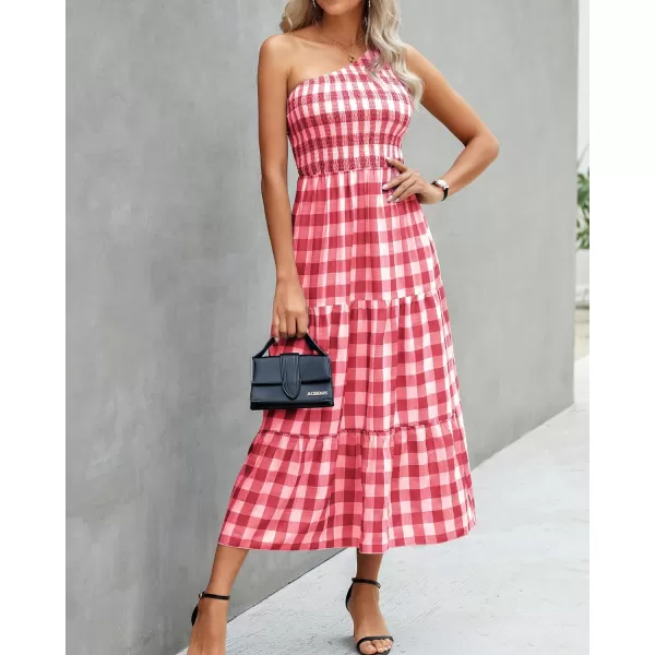 imageBTFBM Women One Shoulder Sleeveless Casual Summer Dresses 2023 Smocked High Waist Floral Flowy Beach Boho Maxi DressPlaid Red