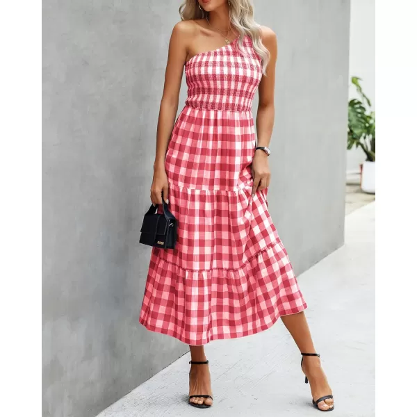 imageBTFBM Women One Shoulder Sleeveless Casual Summer Dresses 2023 Smocked High Waist Floral Flowy Beach Boho Maxi DressPlaid Red