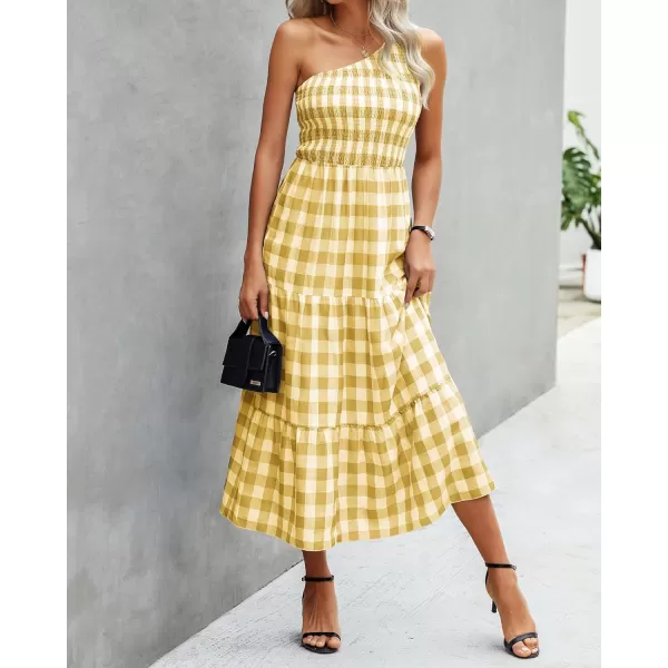 imageBTFBM Women One Shoulder Sleeveless Casual Summer Dresses 2023 Smocked High Waist Floral Flowy Beach Boho Maxi DressPlaid Yellow