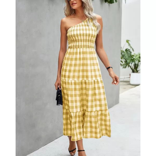 imageBTFBM Women One Shoulder Sleeveless Casual Summer Dresses 2023 Smocked High Waist Floral Flowy Beach Boho Maxi DressPlaid Yellow
