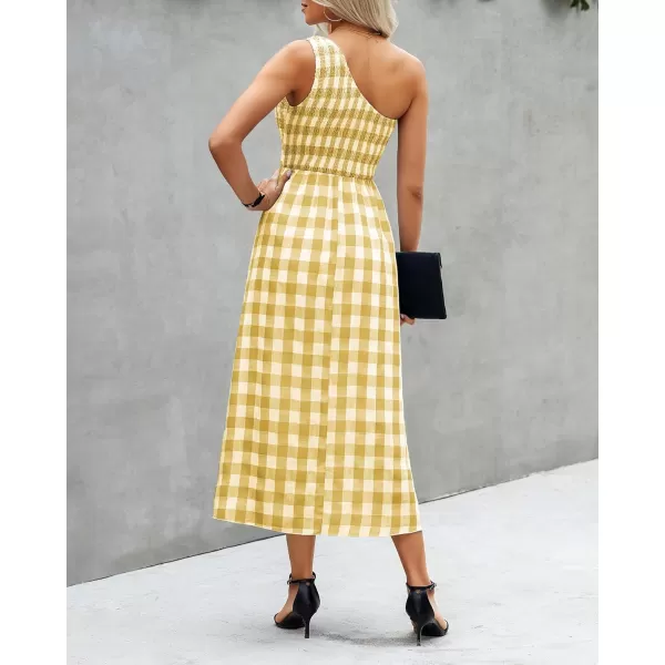 imageBTFBM Women One Shoulder Sleeveless Casual Summer Dresses 2023 Smocked High Waist Floral Flowy Beach Boho Maxi DressPlaid Yellow