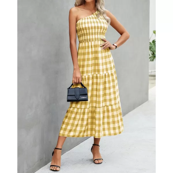 imageBTFBM Women One Shoulder Sleeveless Casual Summer Dresses 2023 Smocked High Waist Floral Flowy Beach Boho Maxi DressPlaid Yellow
