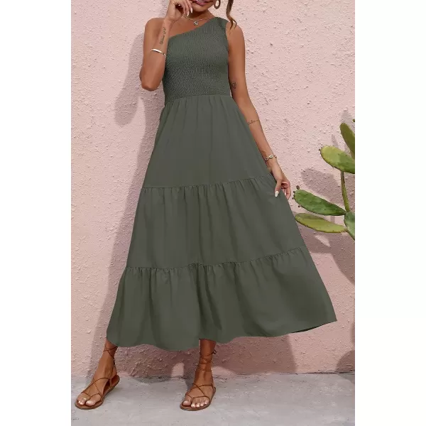 imageBTFBM Women One Shoulder Sleeveless Casual Summer Dresses 2023 Smocked High Waist Floral Flowy Beach Boho Maxi DressSolid Army Green