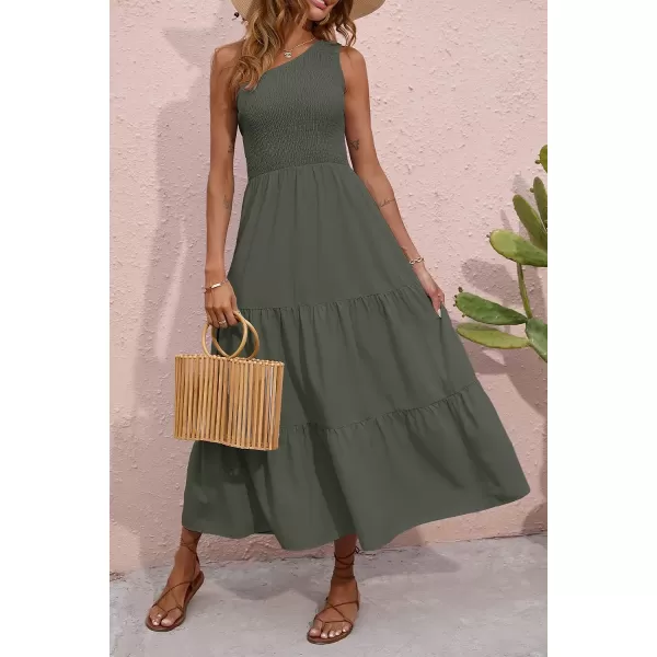 imageBTFBM Women One Shoulder Sleeveless Casual Summer Dresses 2023 Smocked High Waist Floral Flowy Beach Boho Maxi DressSolid Army Green