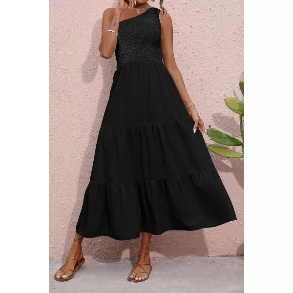 imageBTFBM Women One Shoulder Sleeveless Casual Summer Dresses 2023 Smocked High Waist Floral Flowy Beach Boho Maxi DressSolid Black