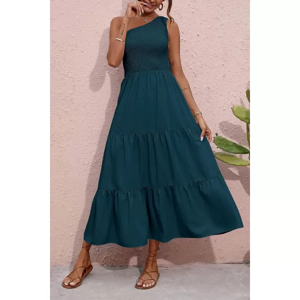 imageBTFBM Women One Shoulder Sleeveless Casual Summer Dresses 2023 Smocked High Waist Floral Flowy Beach Boho Maxi DressSolid Grey Blue
