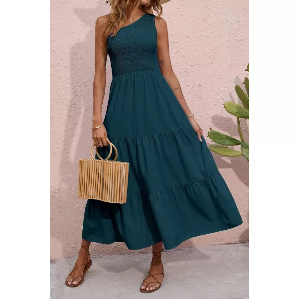 imageBTFBM Women One Shoulder Sleeveless Casual Summer Dresses 2023 Smocked High Waist Floral Flowy Beach Boho Maxi DressSolid Grey Blue