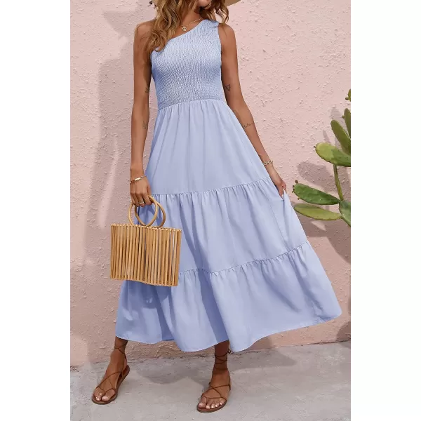 imageBTFBM Women One Shoulder Sleeveless Casual Summer Dresses 2023 Smocked High Waist Floral Flowy Beach Boho Maxi DressSolid Light Blue