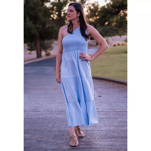 imageBTFBM Women One Shoulder Sleeveless Casual Summer Dresses 2023 Smocked High Waist Floral Flowy Beach Boho Maxi DressSolid Light Blue