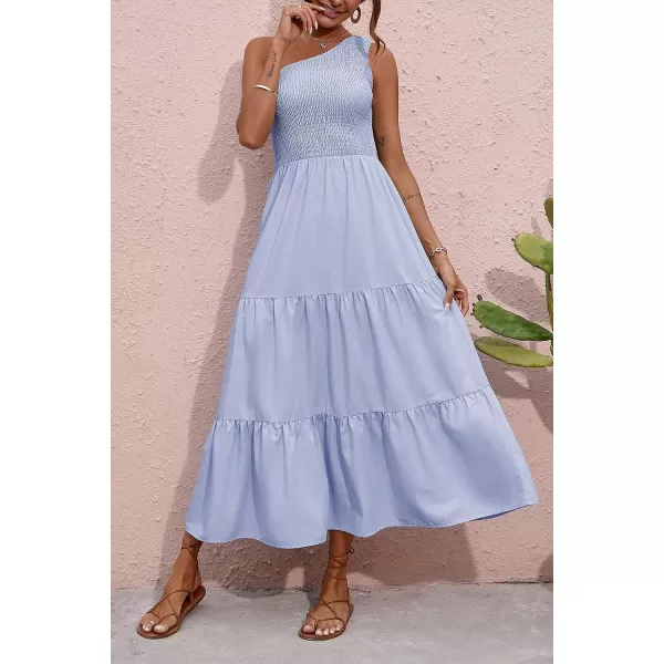 imageBTFBM Women One Shoulder Sleeveless Casual Summer Dresses 2023 Smocked High Waist Floral Flowy Beach Boho Maxi DressSolid Light Blue