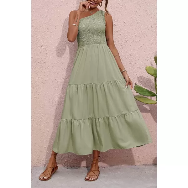 imageBTFBM Women One Shoulder Sleeveless Casual Summer Dresses 2023 Smocked High Waist Floral Flowy Beach Boho Maxi DressSolid Light Green