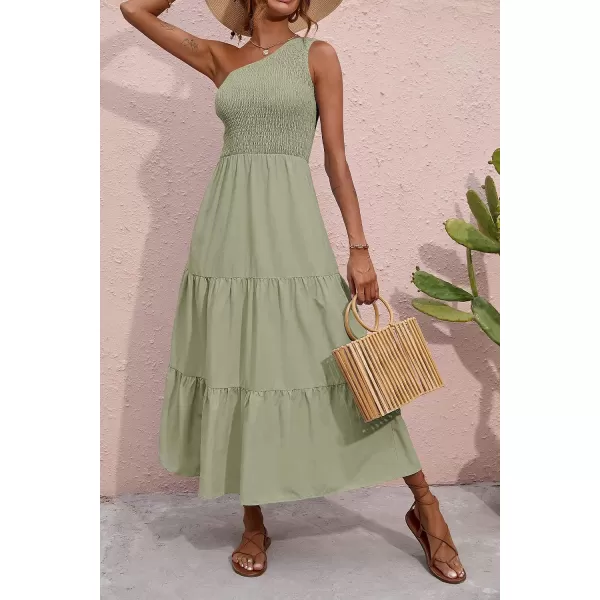 imageBTFBM Women One Shoulder Sleeveless Casual Summer Dresses 2023 Smocked High Waist Floral Flowy Beach Boho Maxi DressSolid Light Green