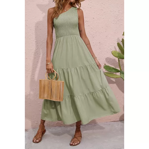 imageBTFBM Women One Shoulder Sleeveless Casual Summer Dresses 2023 Smocked High Waist Floral Flowy Beach Boho Maxi DressSolid Light Green