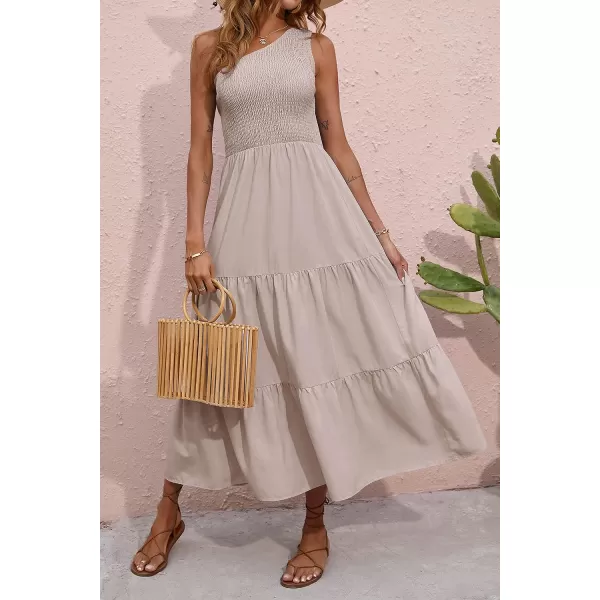 imageBTFBM Women One Shoulder Sleeveless Casual Summer Dresses 2023 Smocked High Waist Floral Flowy Beach Boho Maxi DressSolid Light Khaki