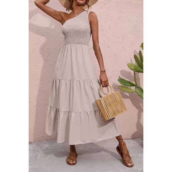 imageBTFBM Women One Shoulder Sleeveless Casual Summer Dresses 2023 Smocked High Waist Floral Flowy Beach Boho Maxi DressSolid Light Khaki