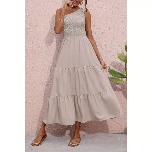 imageBTFBM Women One Shoulder Sleeveless Casual Summer Dresses 2023 Smocked High Waist Floral Flowy Beach Boho Maxi DressSolid Light Khaki