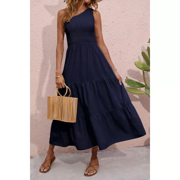 imageBTFBM Women One Shoulder Sleeveless Casual Summer Dresses 2023 Smocked High Waist Floral Flowy Beach Boho Maxi DressSolid Navy