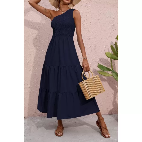 imageBTFBM Women One Shoulder Sleeveless Casual Summer Dresses 2023 Smocked High Waist Floral Flowy Beach Boho Maxi DressSolid Navy