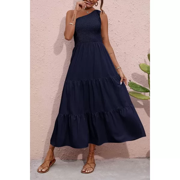 imageBTFBM Women One Shoulder Sleeveless Casual Summer Dresses 2023 Smocked High Waist Floral Flowy Beach Boho Maxi DressSolid Navy