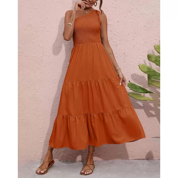 imageBTFBM Women One Shoulder Sleeveless Casual Summer Dresses 2023 Smocked High Waist Floral Flowy Beach Boho Maxi DressSolid Orange