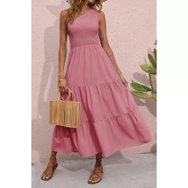 imageBTFBM Women One Shoulder Sleeveless Casual Summer Dresses 2023 Smocked High Waist Floral Flowy Beach Boho Maxi DressSolid Pink
