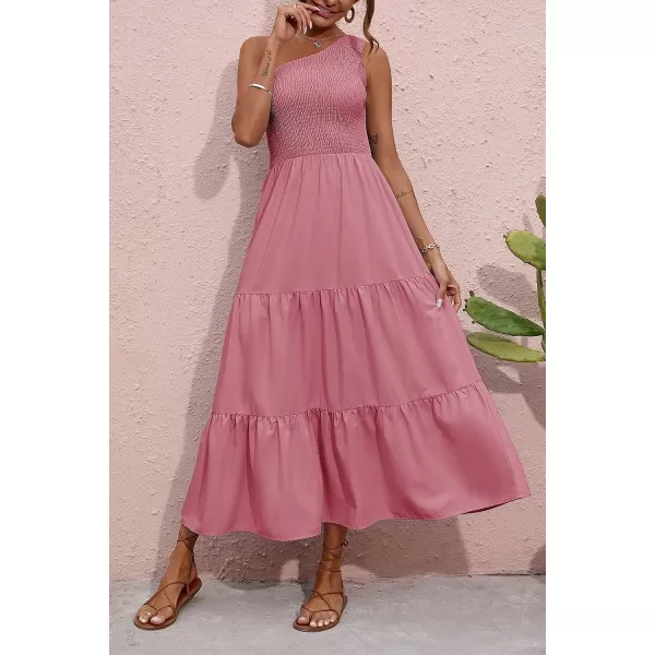 imageBTFBM Women One Shoulder Sleeveless Casual Summer Dresses 2023 Smocked High Waist Floral Flowy Beach Boho Maxi DressSolid Pink