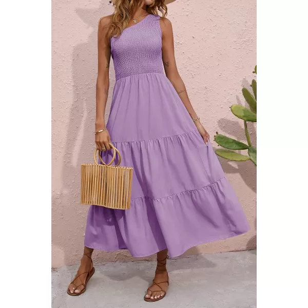 imageBTFBM Women One Shoulder Sleeveless Casual Summer Dresses 2023 Smocked High Waist Floral Flowy Beach Boho Maxi DressSolid Purple
