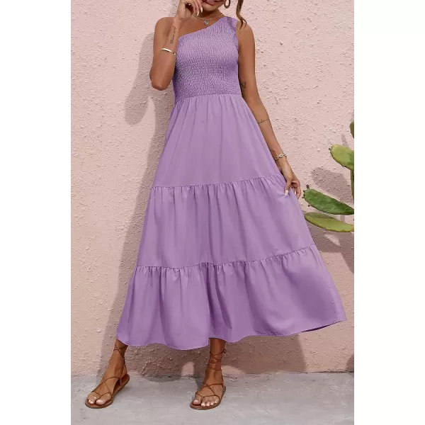 imageBTFBM Women One Shoulder Sleeveless Casual Summer Dresses 2023 Smocked High Waist Floral Flowy Beach Boho Maxi DressSolid Purple