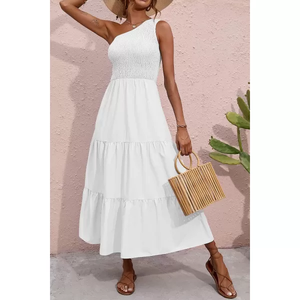 imageBTFBM Women One Shoulder Sleeveless Casual Summer Dresses 2023 Smocked High Waist Floral Flowy Beach Boho Maxi DressSolid White