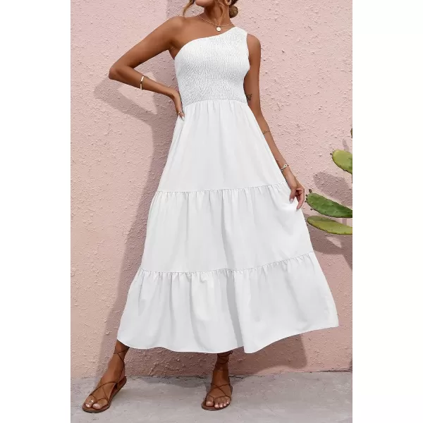 imageBTFBM Women One Shoulder Sleeveless Casual Summer Dresses 2023 Smocked High Waist Floral Flowy Beach Boho Maxi DressSolid White