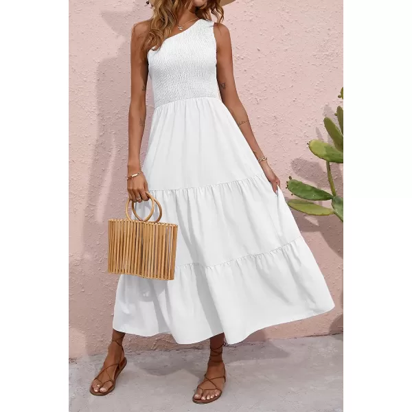 imageBTFBM Women One Shoulder Sleeveless Casual Summer Dresses 2023 Smocked High Waist Floral Flowy Beach Boho Maxi DressSolid White