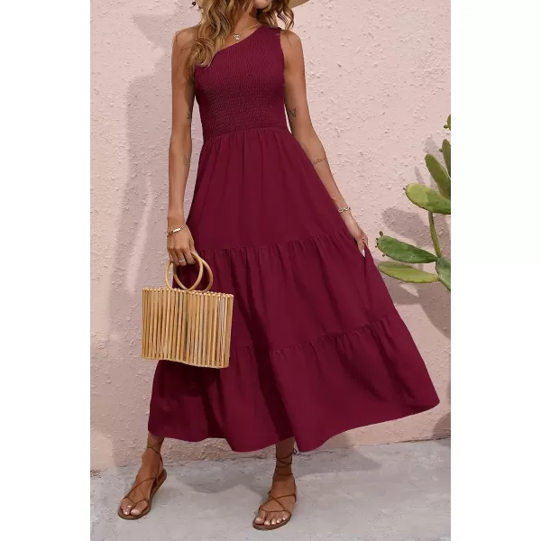 imageBTFBM Women One Shoulder Sleeveless Casual Summer Dresses 2023 Smocked High Waist Floral Flowy Beach Boho Maxi DressSolid Wine Red